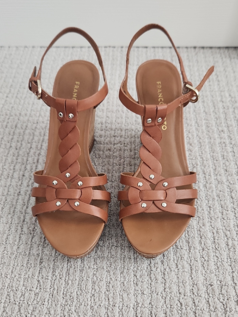 Franco Sarto Cork Tan Braided Leather Wedge Sandals